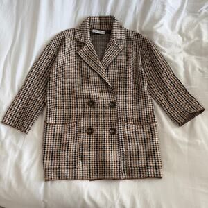 Zara Double Breasted Houndstooth Blazer Brown 3/4 Sleeve Soft Size S